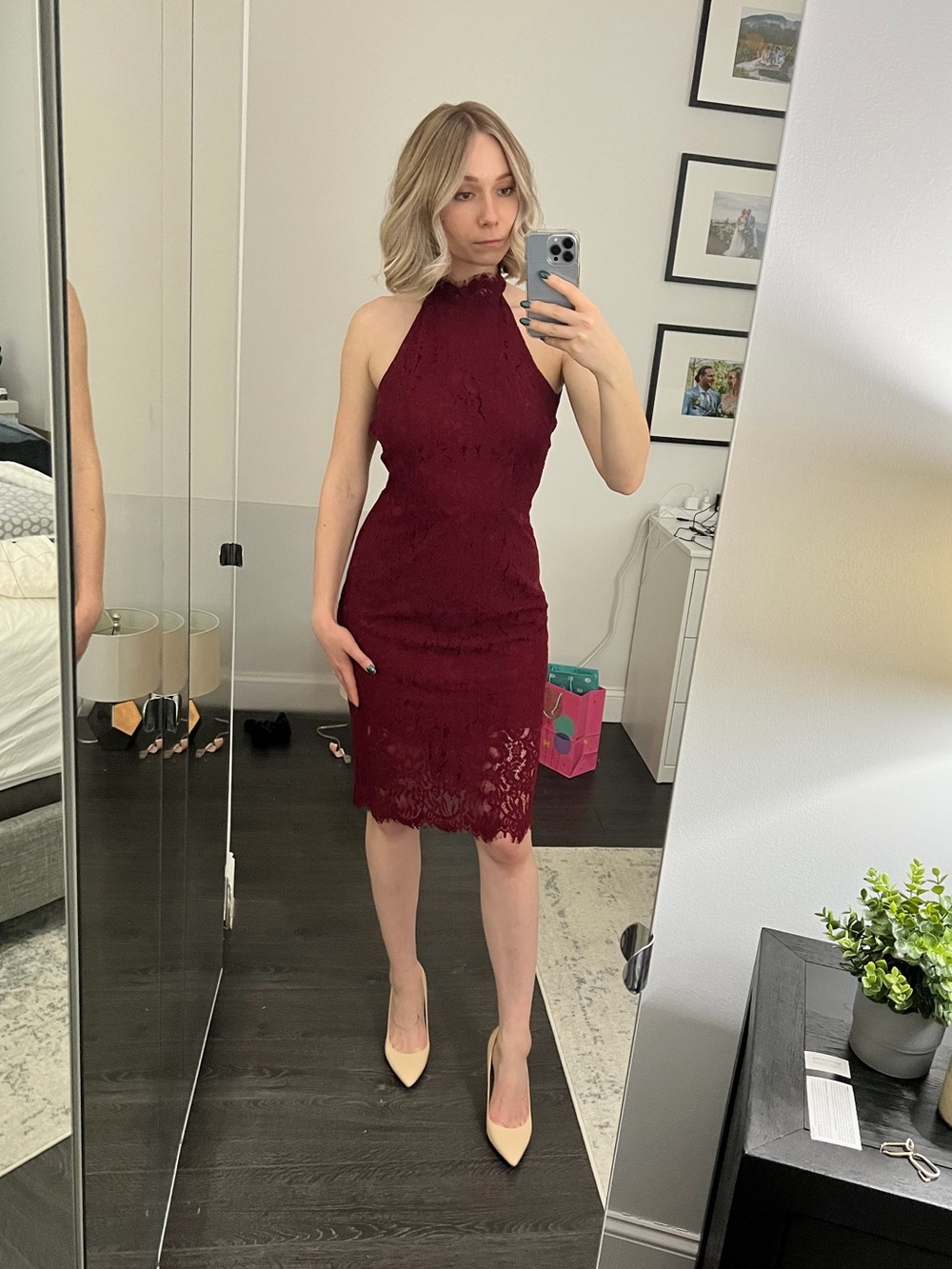 Women's Lace Halter Open Back Midi Dress in Burgundy
